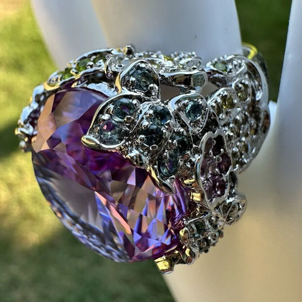 Statement Ring Size 9.75‎ Purple Blue Tanzanite Cluster Gems 925 Sterling 28.3g